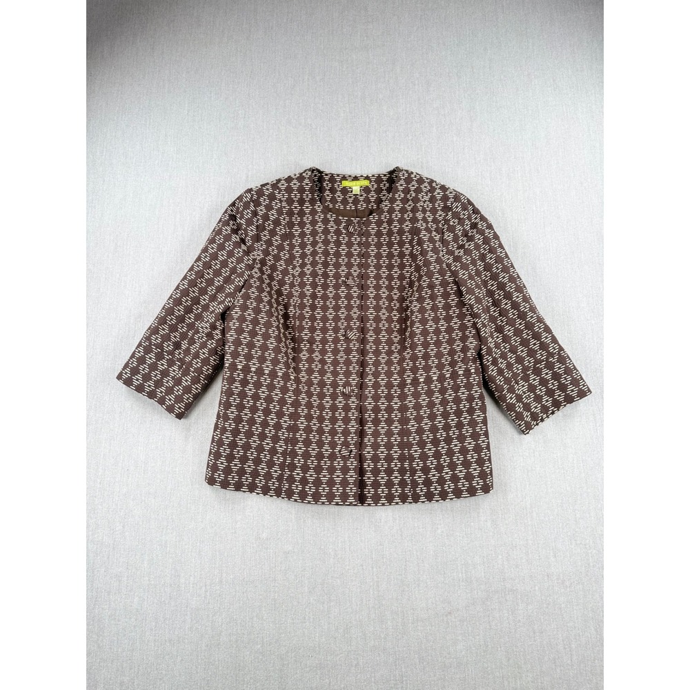 Sigrid Olsen Womens Brown Geometric Button Front Jacket Size 14W 3/4 Sleeve